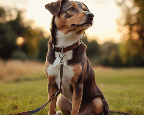 a dog sitting on a grassy field with a leash lying by their side