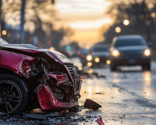 the crushed front-end of a red car sitting in the road at sunset