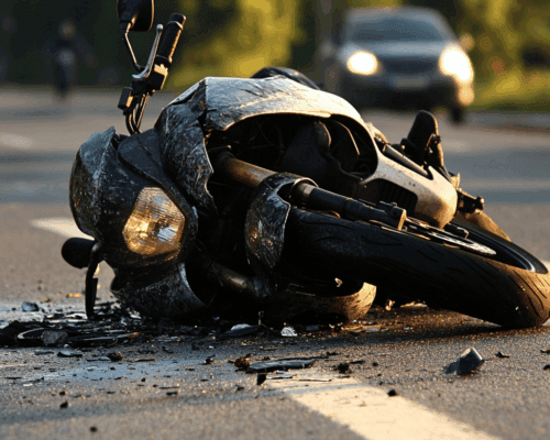 a motorcycle lying on the road surrounded by debris