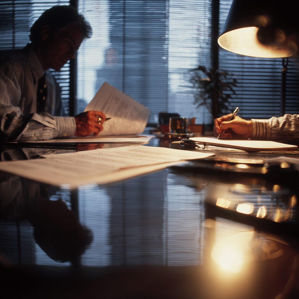 a man in a dress shirt sitting in a dimly lit room filing paperwork