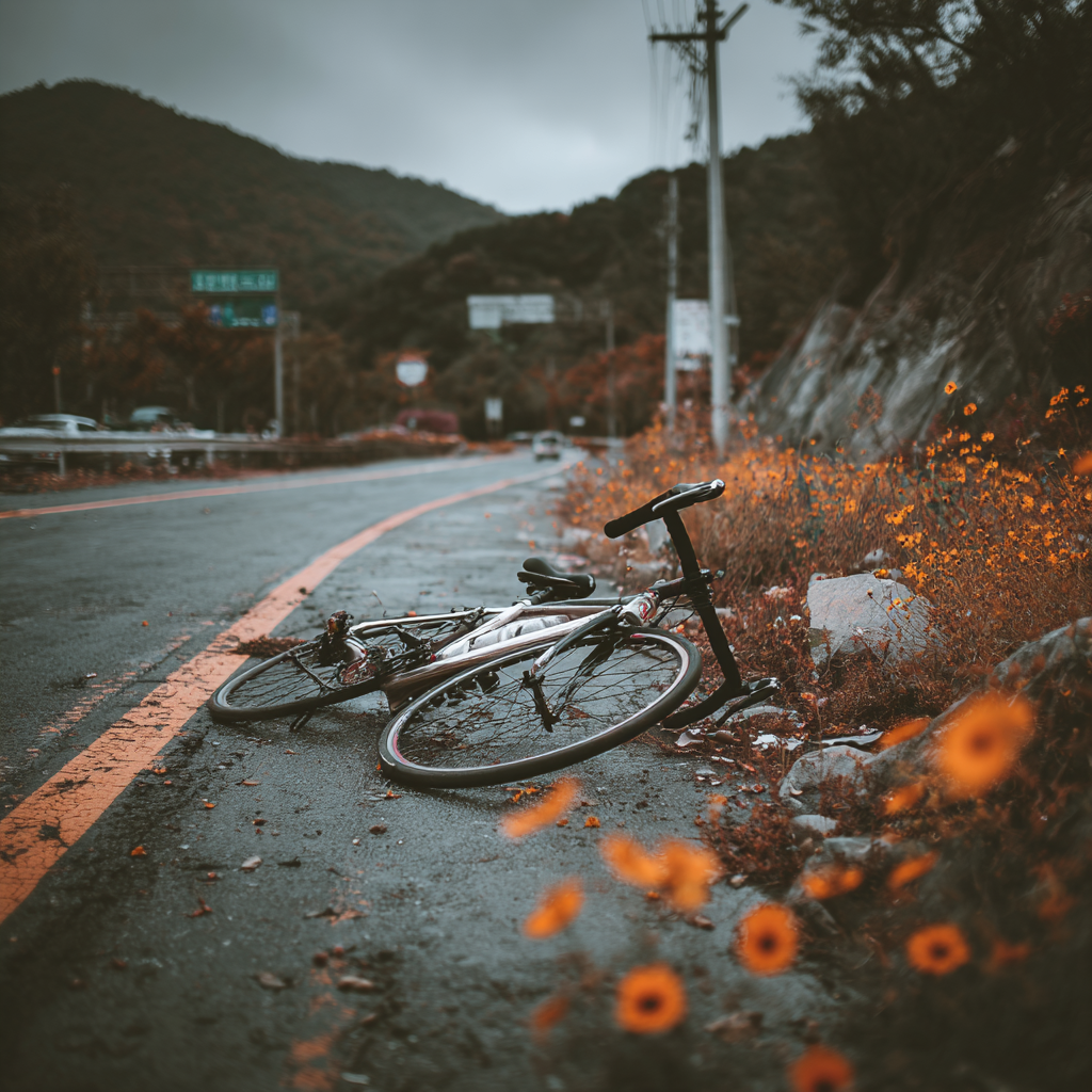 a bicycle laying on the side of the road