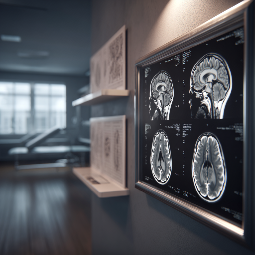 A brain MRI displayed on a wall-mounted monitor