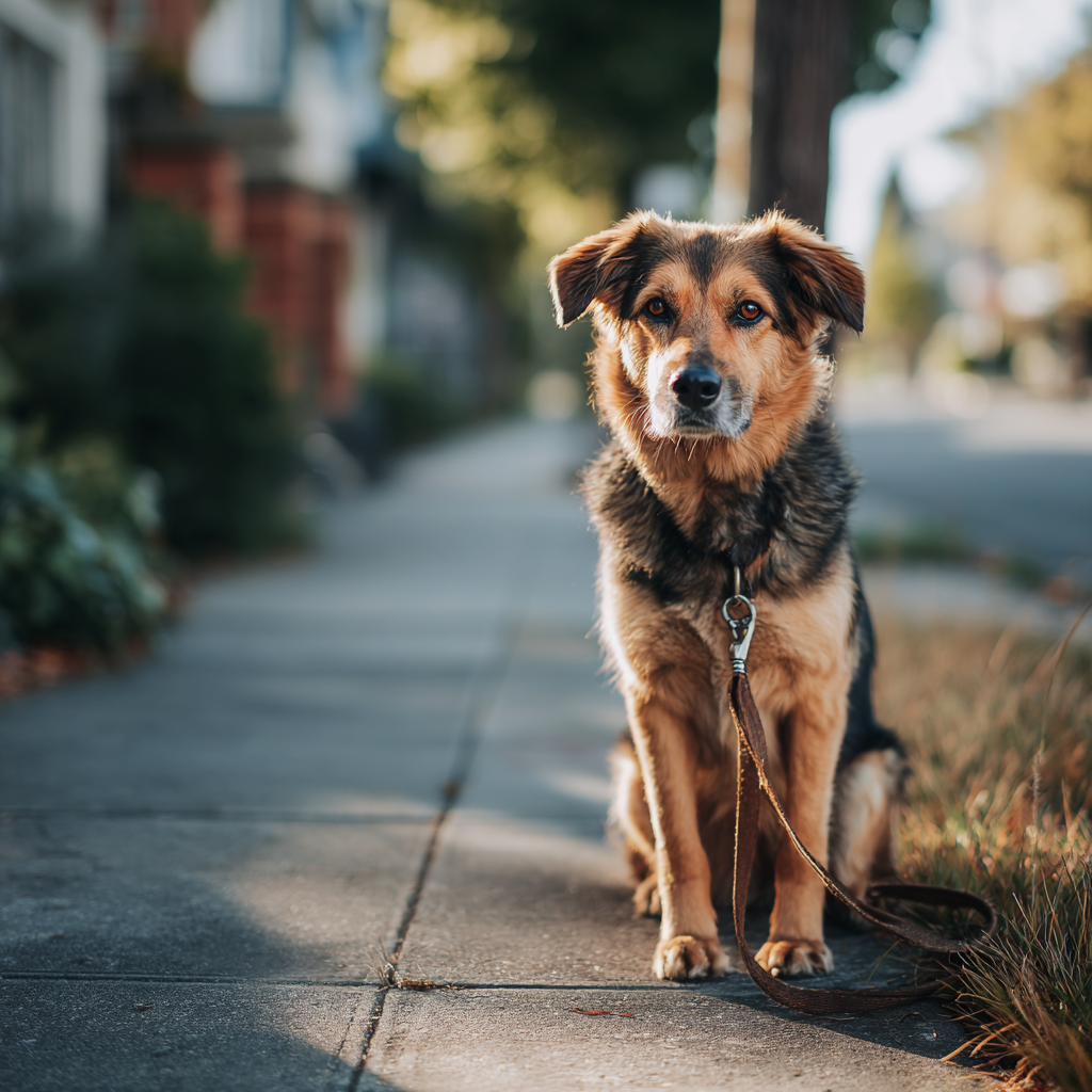 A dog sitting on a sidewalk and looking at the viewer