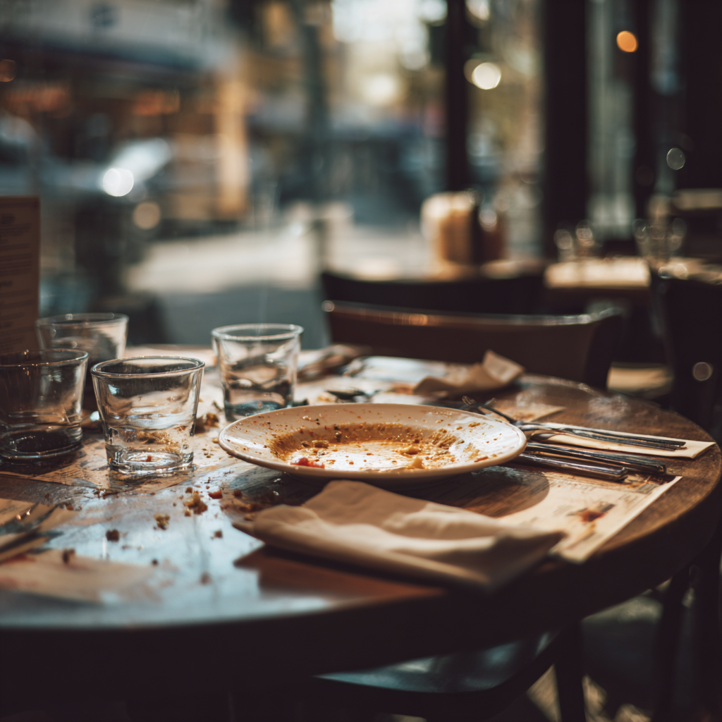 Empty plate with food crumbs in it on the table. There are also empty glasses and silverware in the picture.
