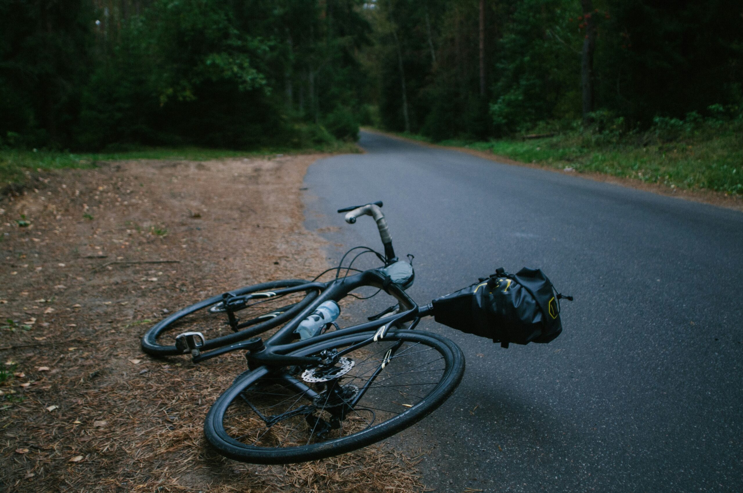 A bicycle leans against a roadside in a wooded area, surrounded by trees and natural scenery.