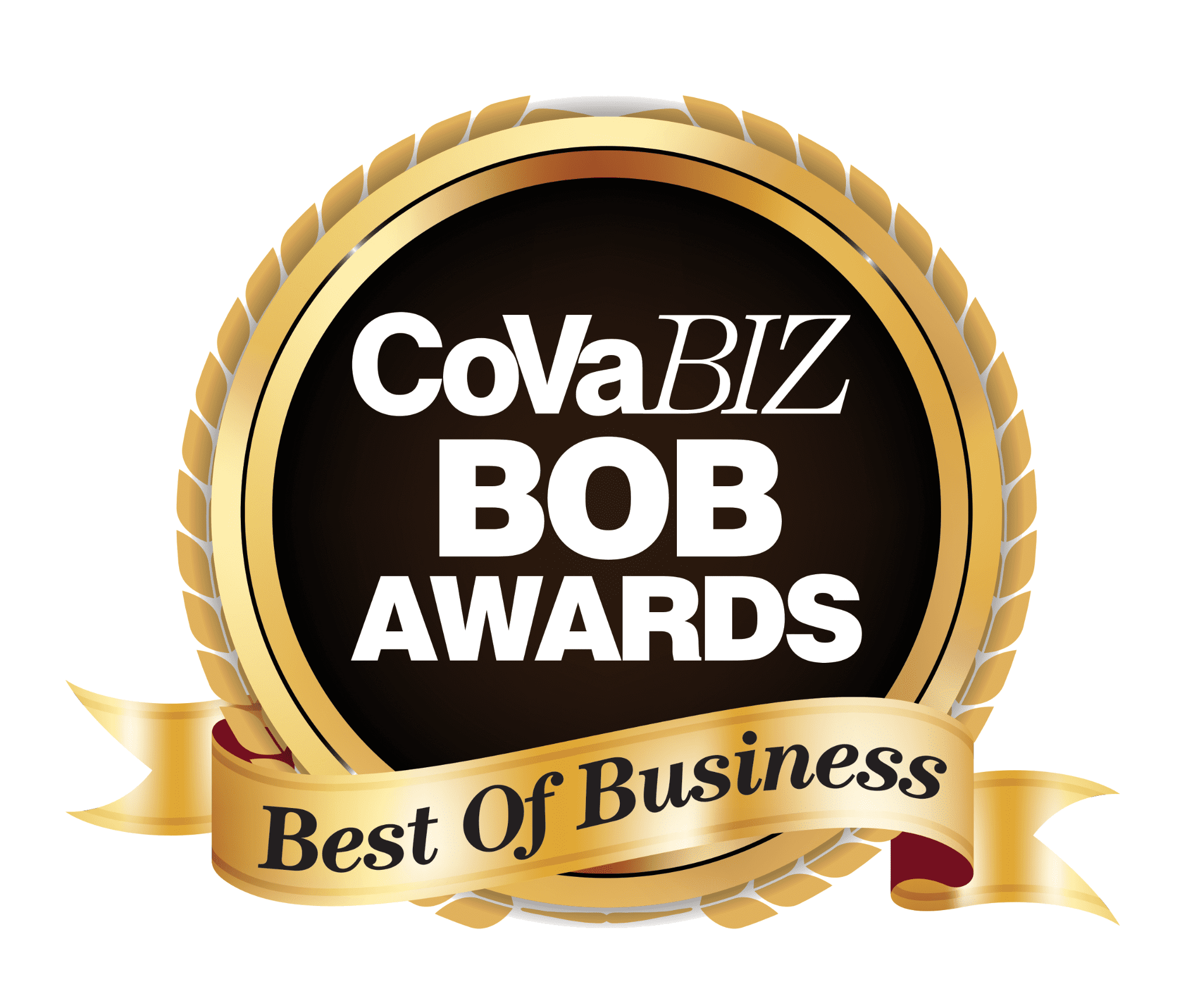 Award seal with laurel border and banner, text: CoVaBIZ BOB Awards Best Of Business
