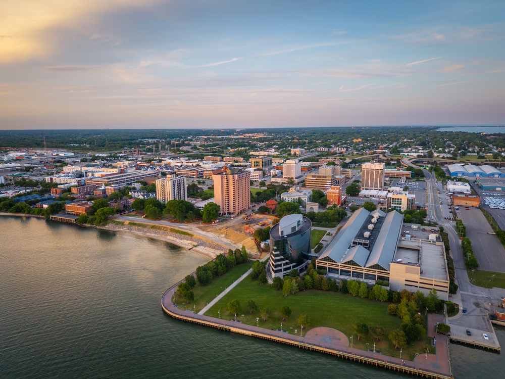Aerial view of a waterfront downtown skyline